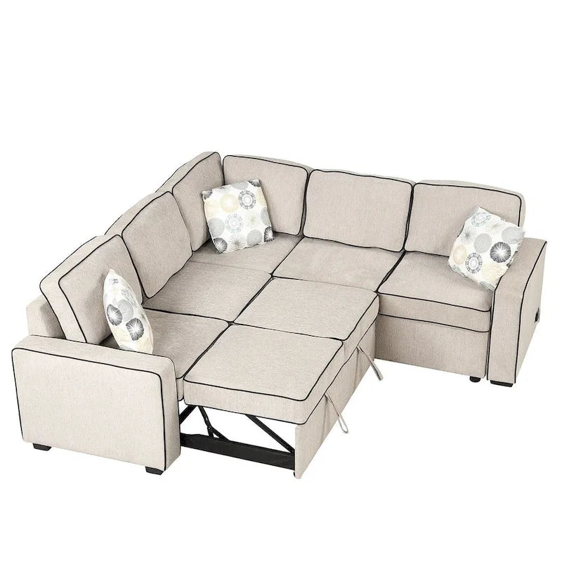 Divano letto estraibile a L Marrone/Crema/Grigio, in lino, 3-4 posti a sedere