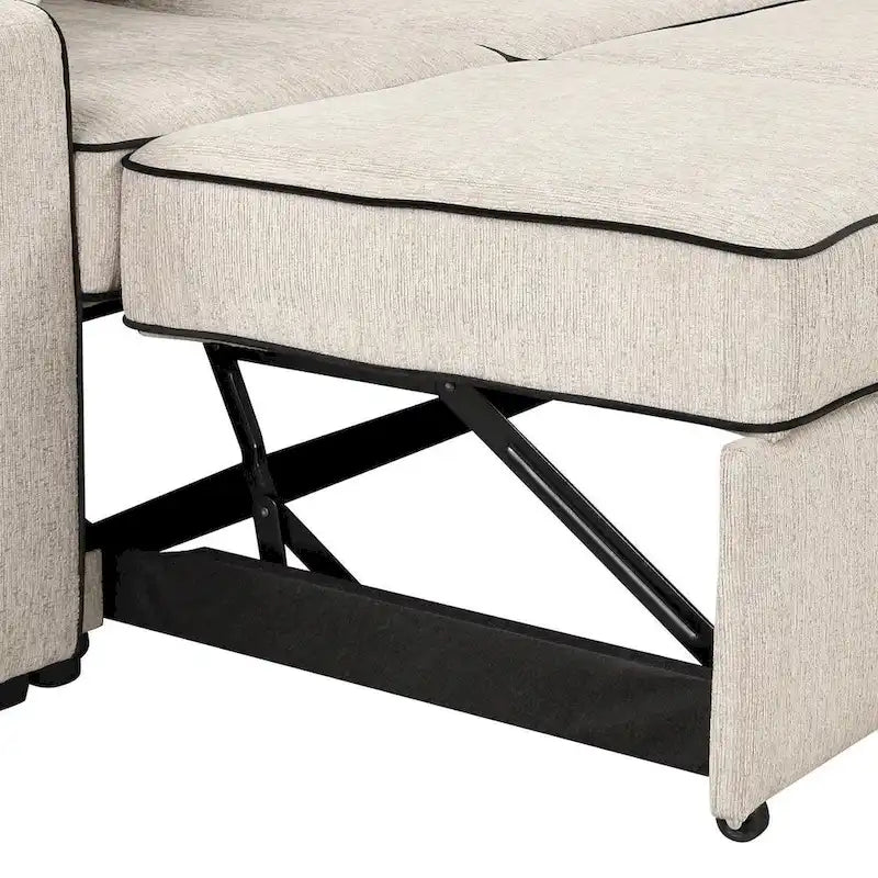Divano letto estraibile a L Marrone/Crema/Grigio, in lino, 3-4 posti a sedere