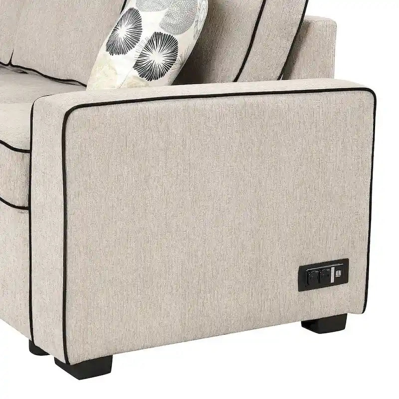 Divano letto estraibile a L Marrone/Crema/Grigio, in lino, 3-4 posti a sedere