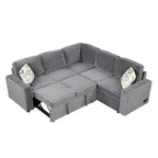 Divano letto estraibile a L Marrone/Crema/Grigio, in lino, 3-4 posti a sedere