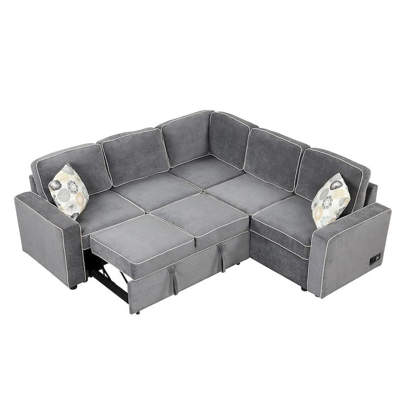 Divano letto estraibile a L Marrone/Crema/Grigio, in lino, 3-4 posti a sedere