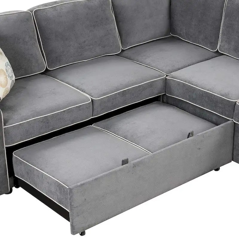 Divano letto estraibile a L Marrone/Crema/Grigio, in lino, 3-4 posti a sedere