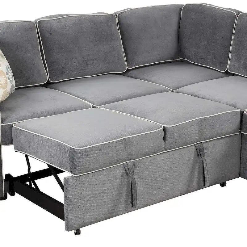 Divano letto estraibile a L Marrone/Crema/Grigio, in lino, 3-4 posti a sedere