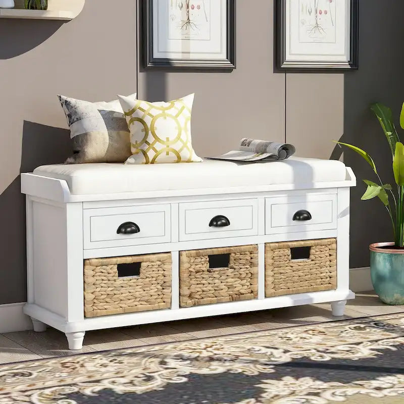 Panca contenitore rustica con cuscino, 3 cassetti e cesti in rattan, seduta singola, colore bianco/naturale/espresso/blu navy