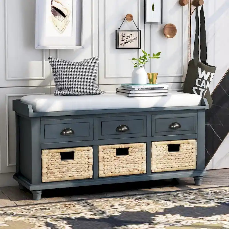 Panca contenitore rustica con cuscino, 3 cassetti e cesti in rattan, seduta singola, colore bianco/naturale/espresso/blu navy