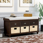 Panca contenitore rustica con cuscino, 3 cassetti e cesti in rattan, seduta singola, colore bianco/naturale/espresso/blu navy
