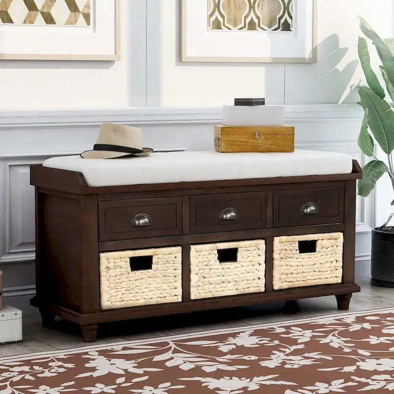 Panca contenitore rustica con cuscino, 3 cassetti e cesti in rattan, seduta singola, colore bianco/naturale/espresso/blu navy