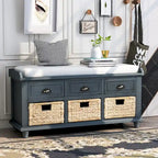 Panca contenitore rustica con cuscino, 3 cassetti e cesti in rattan, seduta singola, colore bianco/naturale/espresso/blu navy