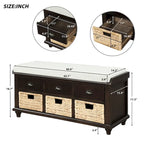 Panca contenitore rustica con cuscino, 3 cassetti e cesti in rattan, seduta singola, colore bianco/naturale/espresso/blu navy