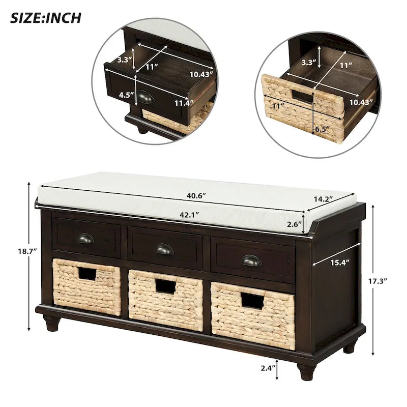 Panca contenitore rustica con cuscino, 3 cassetti e cesti in rattan, seduta singola, colore bianco/naturale/espresso/blu navy