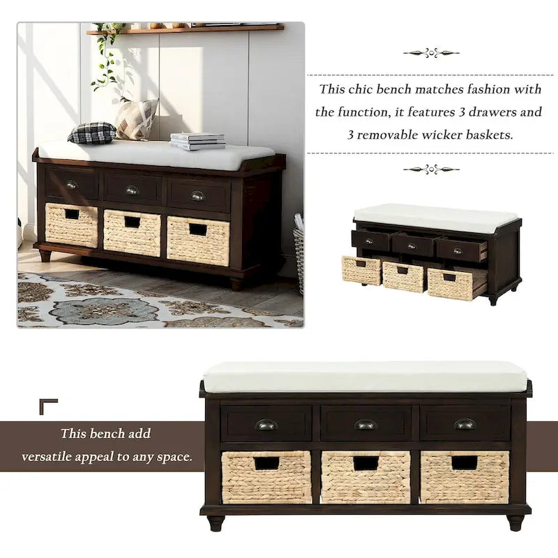 Panca contenitore rustica con cuscino, 3 cassetti e cesti in rattan, seduta singola, colore bianco/naturale/espresso/blu navy