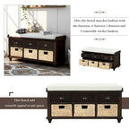 Panca contenitore rustica con cuscino, 3 cassetti e cesti in rattan, seduta singola, colore bianco/naturale/espresso/blu navy