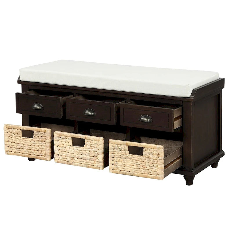 Panca contenitore rustica con cuscino, 3 cassetti e cesti in rattan, seduta singola, colore bianco/naturale/espresso/blu navy