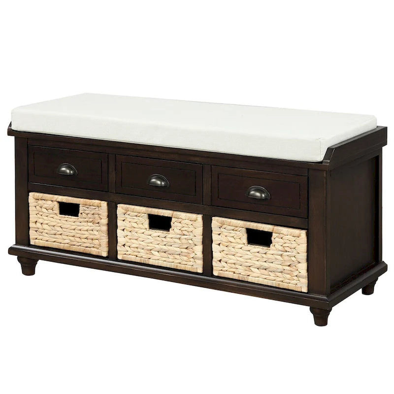 Panca contenitore rustica con cuscino, 3 cassetti e cesti in rattan, seduta singola, colore bianco/naturale/espresso/blu navy