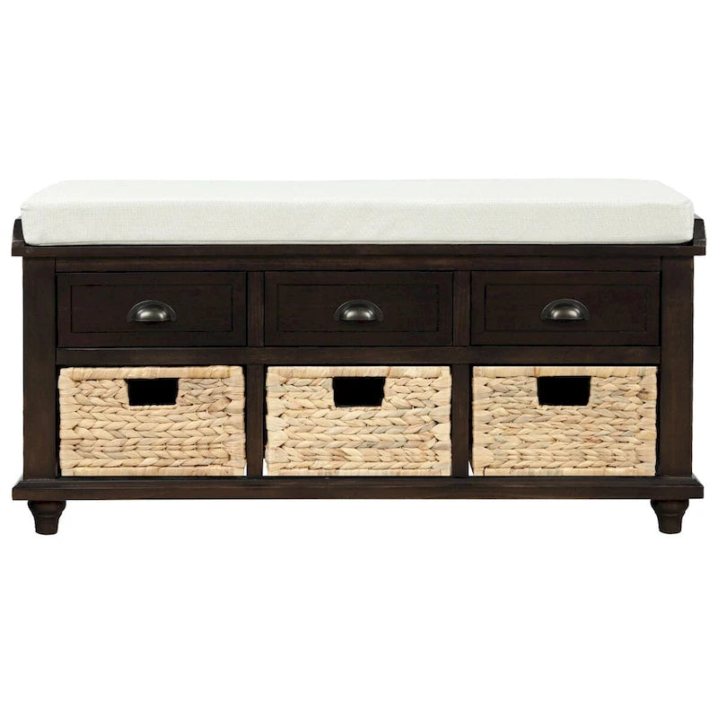 Panca contenitore rustica con cuscino, 3 cassetti e cesti in rattan, seduta singola, colore bianco/naturale/espresso/blu navy