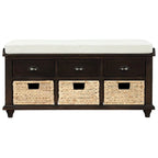 Panca contenitore rustica con cuscino, 3 cassetti e cesti in rattan, seduta singola, colore bianco/naturale/espresso/blu navy