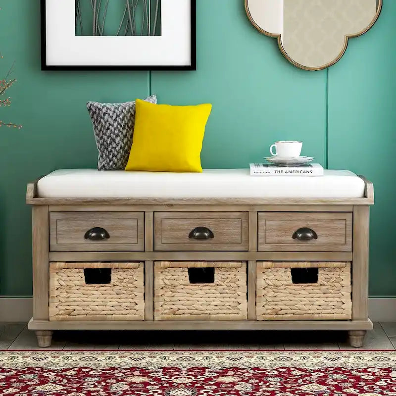 Panca contenitore rustica con cuscino, 3 cassetti e cesti in rattan, seduta singola, colore bianco/naturale/espresso/blu navy