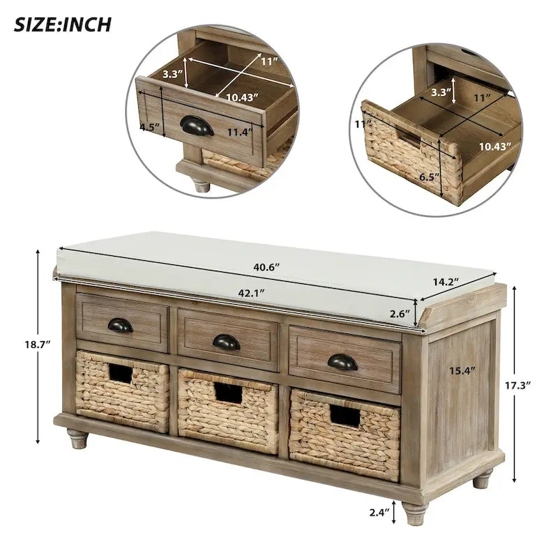 Panca contenitore rustica con cuscino, 3 cassetti e cesti in rattan, seduta singola, colore bianco/naturale/espresso/blu navy