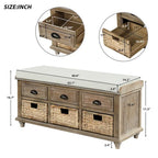Panca contenitore rustica con cuscino, 3 cassetti e cesti in rattan, seduta singola, colore bianco/naturale/espresso/blu navy