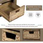 Panca contenitore rustica con cuscino, 3 cassetti e cesti in rattan, seduta singola, colore bianco/naturale/espresso/blu navy