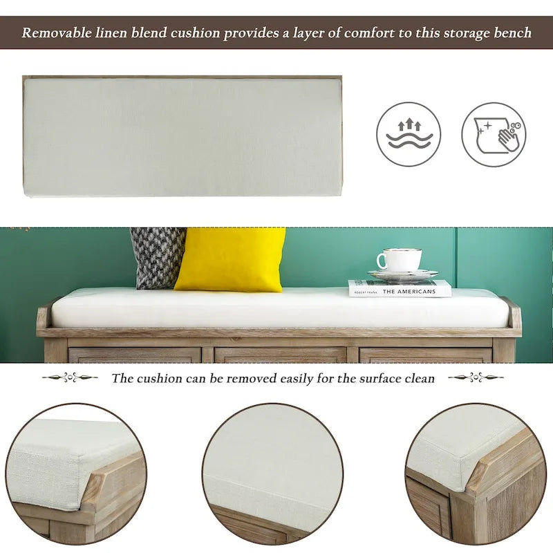 Panca contenitore rustica con cuscino, 3 cassetti e cesti in rattan, seduta singola, colore bianco/naturale/espresso/blu navy