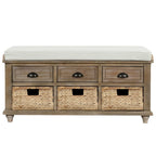 Panca contenitore rustica con cuscino, 3 cassetti e cesti in rattan, seduta singola, colore bianco/naturale/espresso/blu navy