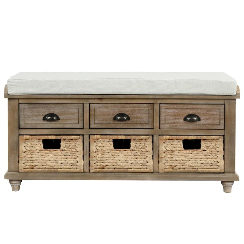 Panca contenitore rustica con cuscino, 3 cassetti e cesti in rattan, seduta singola, colore bianco/naturale/espresso/blu navy