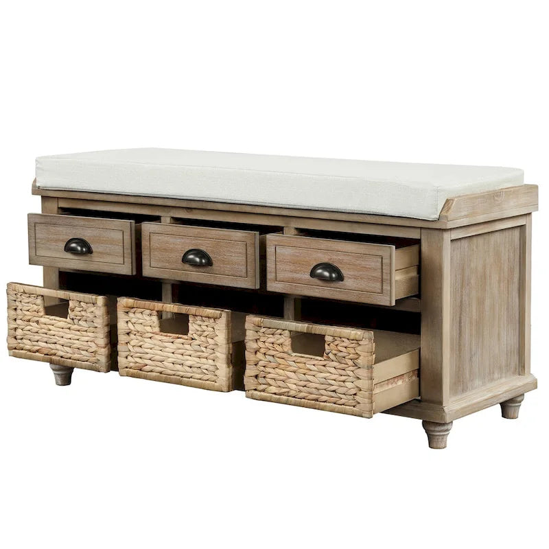 Panca contenitore rustica con cuscino, 3 cassetti e cesti in rattan, seduta singola, colore bianco/naturale/espresso/blu navy