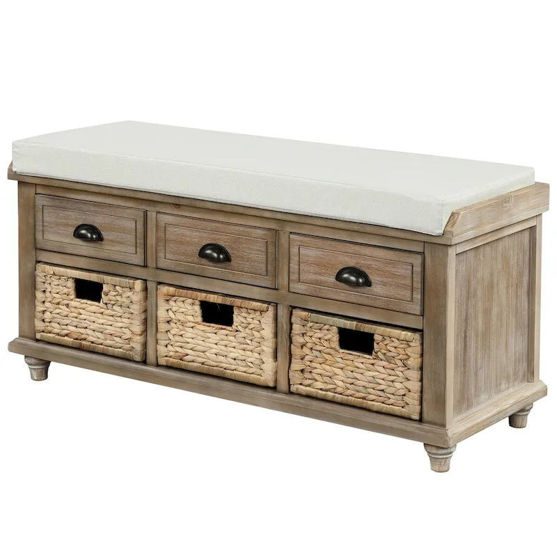 Panca contenitore rustica con cuscino, 3 cassetti e cesti in rattan, seduta singola, colore bianco/naturale/espresso/blu navy