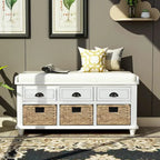 Panca contenitore rustica con cuscino, 3 cassetti e cesti in rattan, seduta singola, colore bianco/naturale/espresso/blu navy