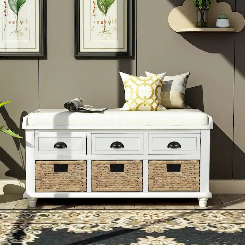 Panca contenitore rustica con cuscino, 3 cassetti e cesti in rattan, seduta singola, colore bianco/naturale/espresso/blu navy