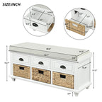 Panca contenitore rustica con cuscino, 3 cassetti e cesti in rattan, seduta singola, colore bianco/naturale/espresso/blu navy