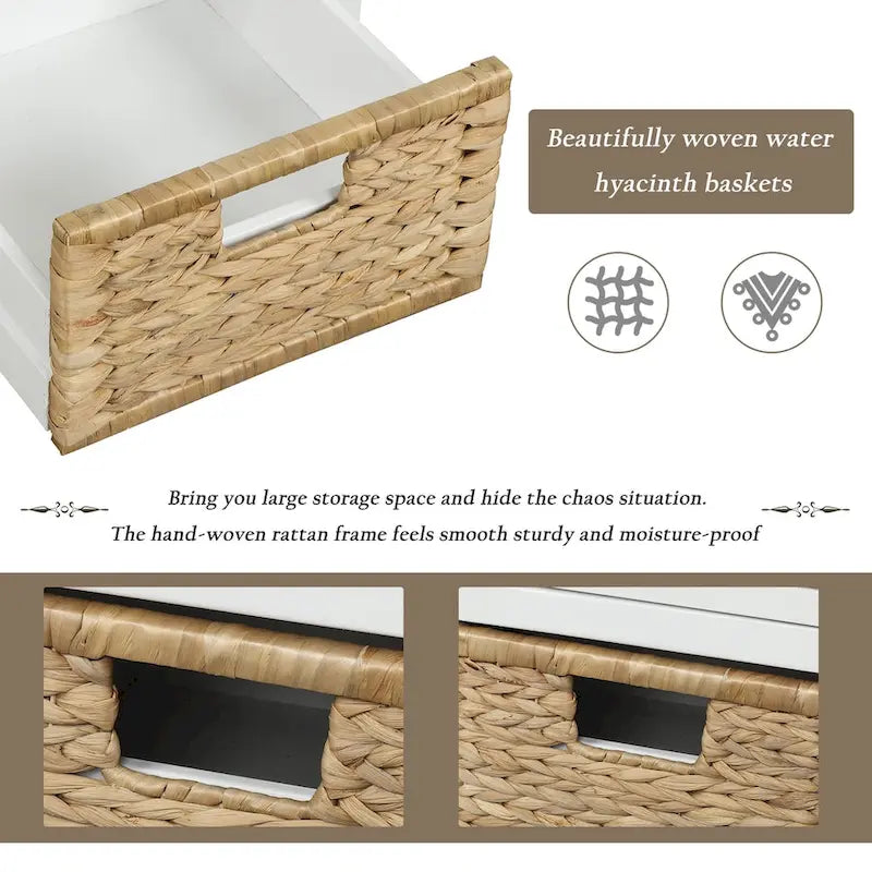 Panca contenitore rustica con cuscino, 3 cassetti e cesti in rattan, seduta singola, colore bianco/naturale/espresso/blu navy