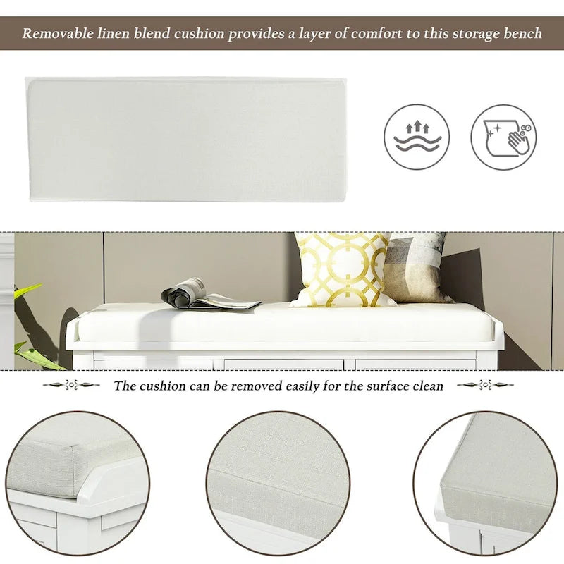 Panca contenitore rustica con cuscino, 3 cassetti e cesti in rattan, seduta singola, colore bianco/naturale/espresso/blu navy