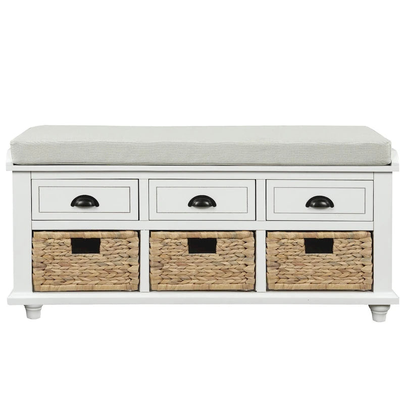 Panca contenitore rustica con cuscino, 3 cassetti e cesti in rattan, seduta singola, colore bianco/naturale/espresso/blu navy