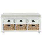 Panca contenitore rustica con cuscino, 3 cassetti e cesti in rattan, seduta singola, colore bianco/naturale/espresso/blu navy