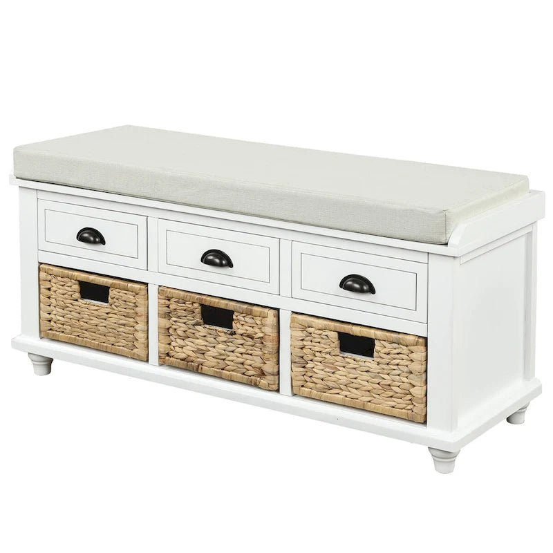 Panca contenitore rustica con cuscino, 3 cassetti e cesti in rattan, seduta singola, colore bianco/naturale/espresso/blu navy