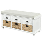Panca contenitore rustica con cuscino, 3 cassetti e cesti in rattan, seduta singola, colore bianco/naturale/espresso/blu navy