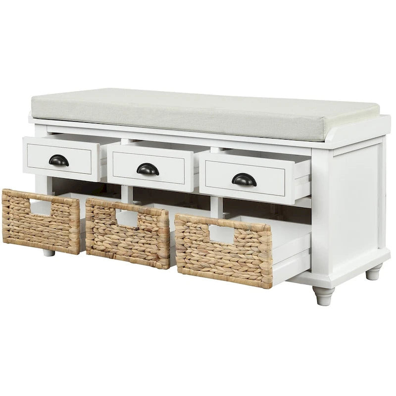 Panca contenitore rustica con cuscino, 3 cassetti e cesti in rattan, seduta singola, colore bianco/naturale/espresso/blu navy