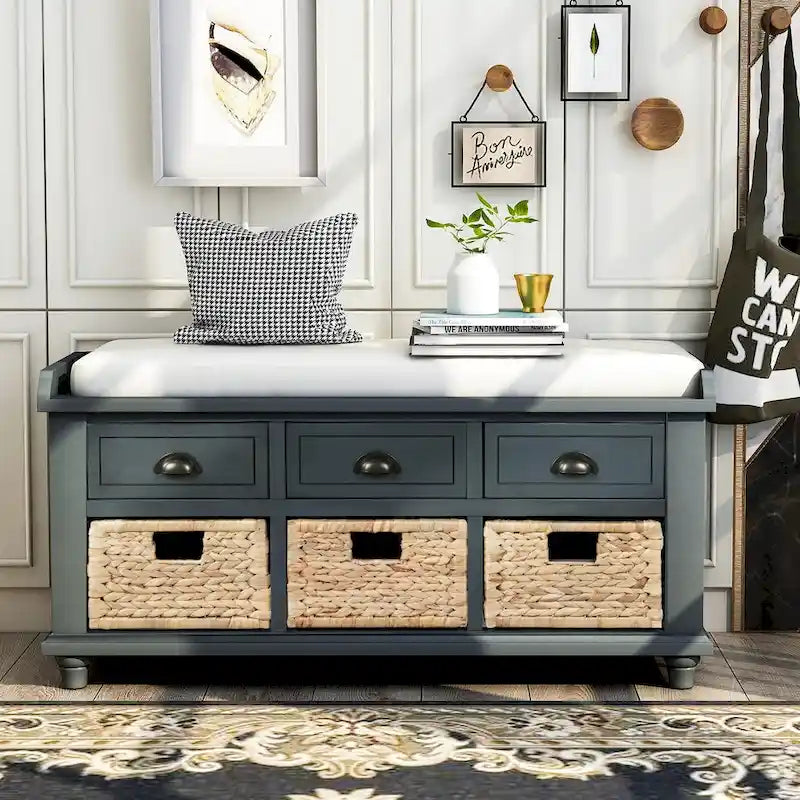 Panca contenitore rustica con cuscino, 3 cassetti e cesti in rattan, seduta singola, colore bianco/naturale/espresso/blu navy