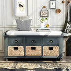 Panca contenitore rustica con cuscino, 3 cassetti e cesti in rattan, seduta singola, colore bianco/naturale/espresso/blu navy
