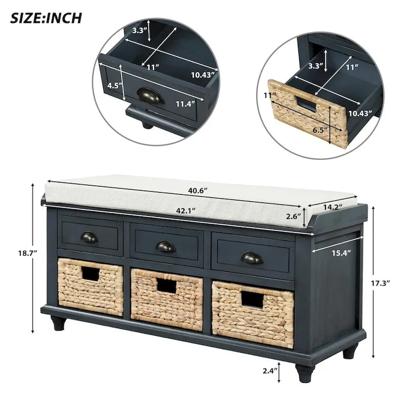 Panca contenitore rustica con cuscino, 3 cassetti e cesti in rattan, seduta singola, colore bianco/naturale/espresso/blu navy