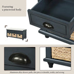 Panca contenitore rustica con cuscino, 3 cassetti e cesti in rattan, seduta singola, colore bianco/naturale/espresso/blu navy