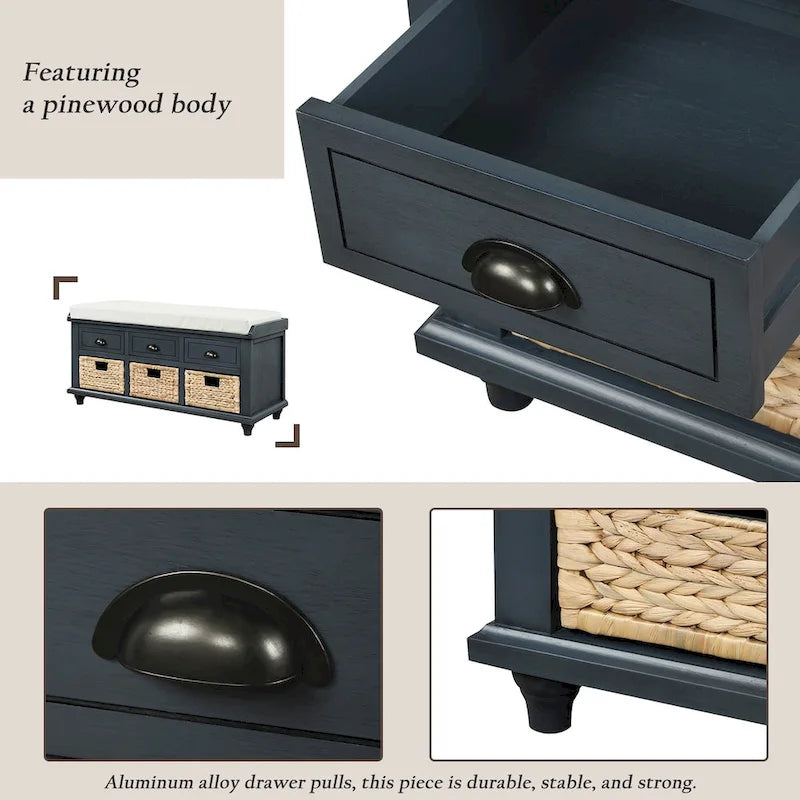 Panca contenitore rustica con cuscino, 3 cassetti e cesti in rattan, seduta singola, colore bianco/naturale/espresso/blu navy