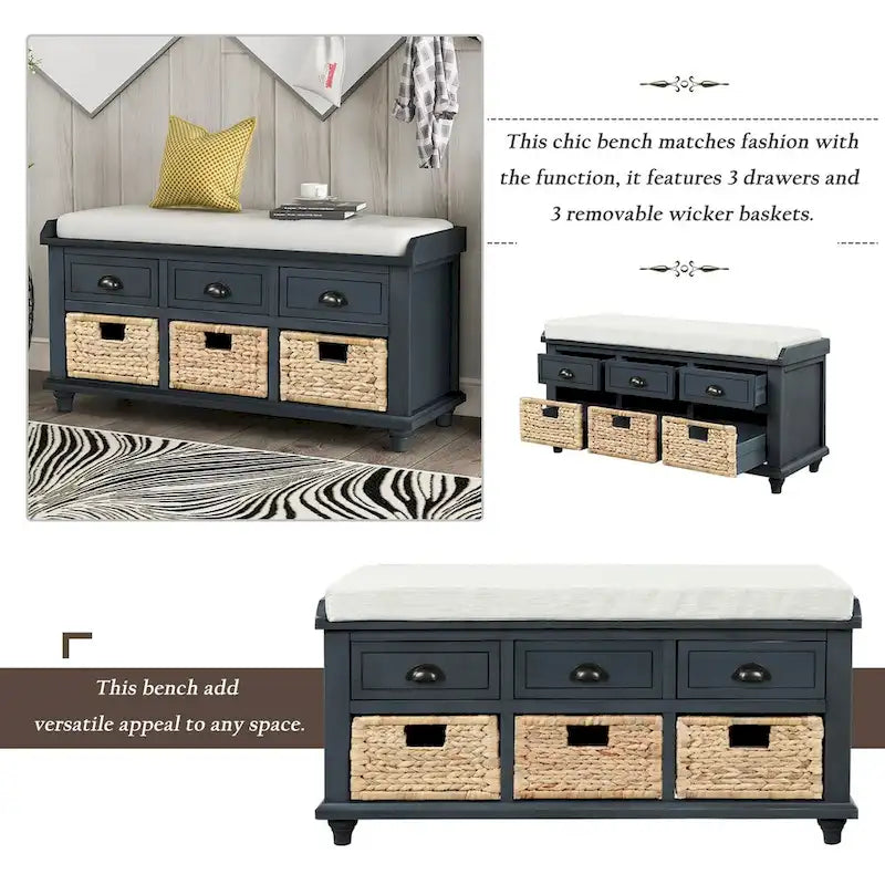 Panca contenitore rustica con cuscino, 3 cassetti e cesti in rattan, seduta singola, colore bianco/naturale/espresso/blu navy