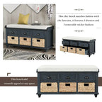 Panca contenitore rustica con cuscino, 3 cassetti e cesti in rattan, seduta singola, colore bianco/naturale/espresso/blu navy