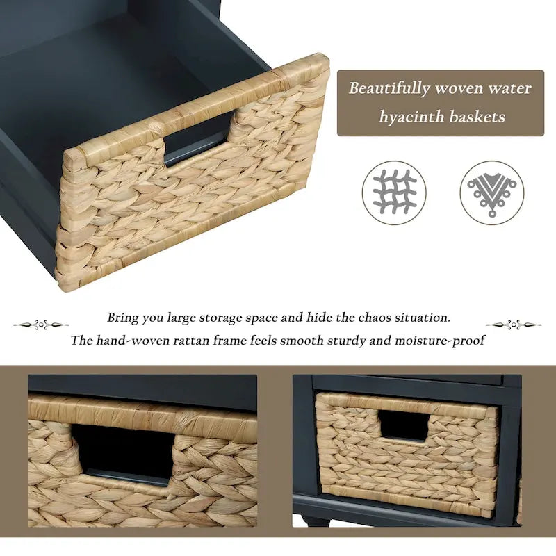 Panca contenitore rustica con cuscino, 3 cassetti e cesti in rattan, seduta singola, colore bianco/naturale/espresso/blu navy