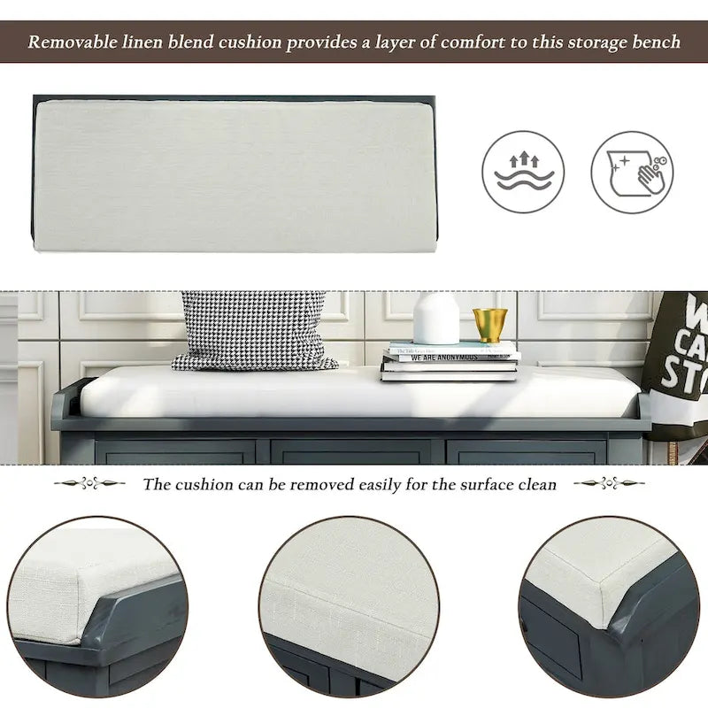Panca contenitore rustica con cuscino, 3 cassetti e cesti in rattan, seduta singola, colore bianco/naturale/espresso/blu navy