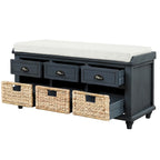 Panca contenitore rustica con cuscino, 3 cassetti e cesti in rattan, seduta singola, colore bianco/naturale/espresso/blu navy