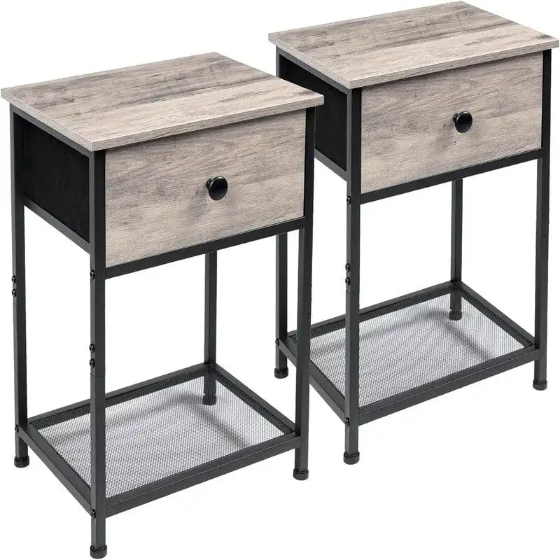 Comodini con parte superiore in legno greige set da 2, 1 cassetto e ripiano aperto